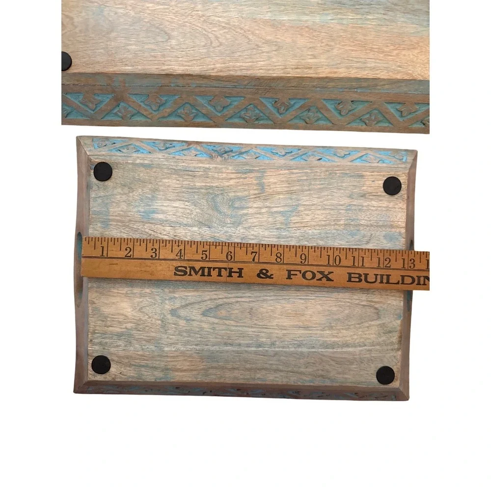 Hand Carved Wooden Nesting Tray Set Distressed Teal Blue‎ Rustic Decorative 2pc